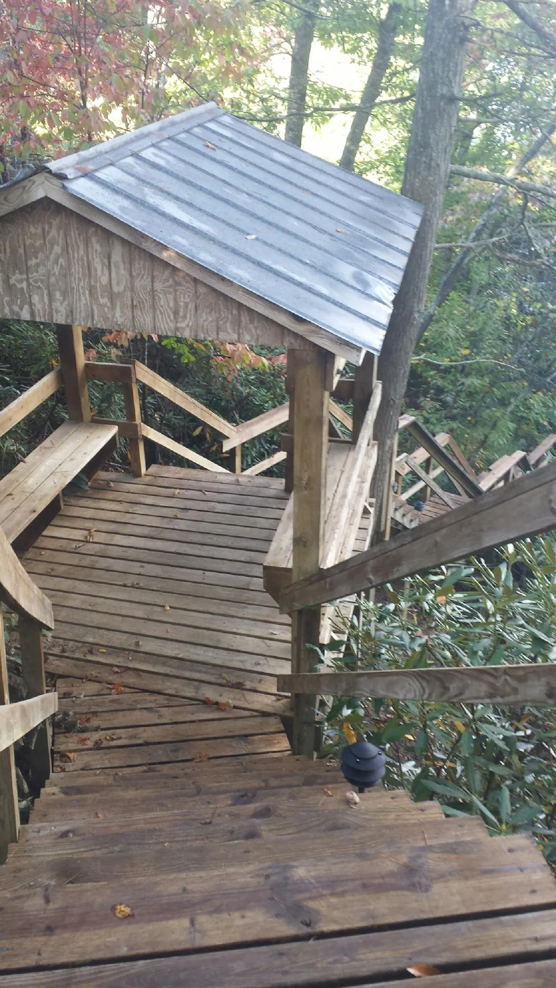 Metal roofed shelter over wooden steps on a wooded walkway — Skylight Repair & Installation work by our crew in The Colony